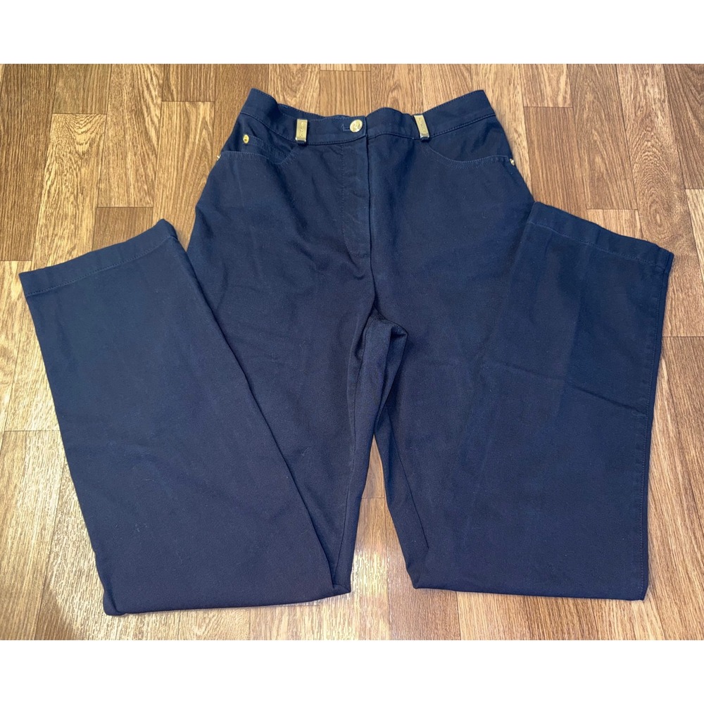St John Sport Marie Gray Navy Blue Cotton Spandex Straight Leg Pants Size 2 Gold